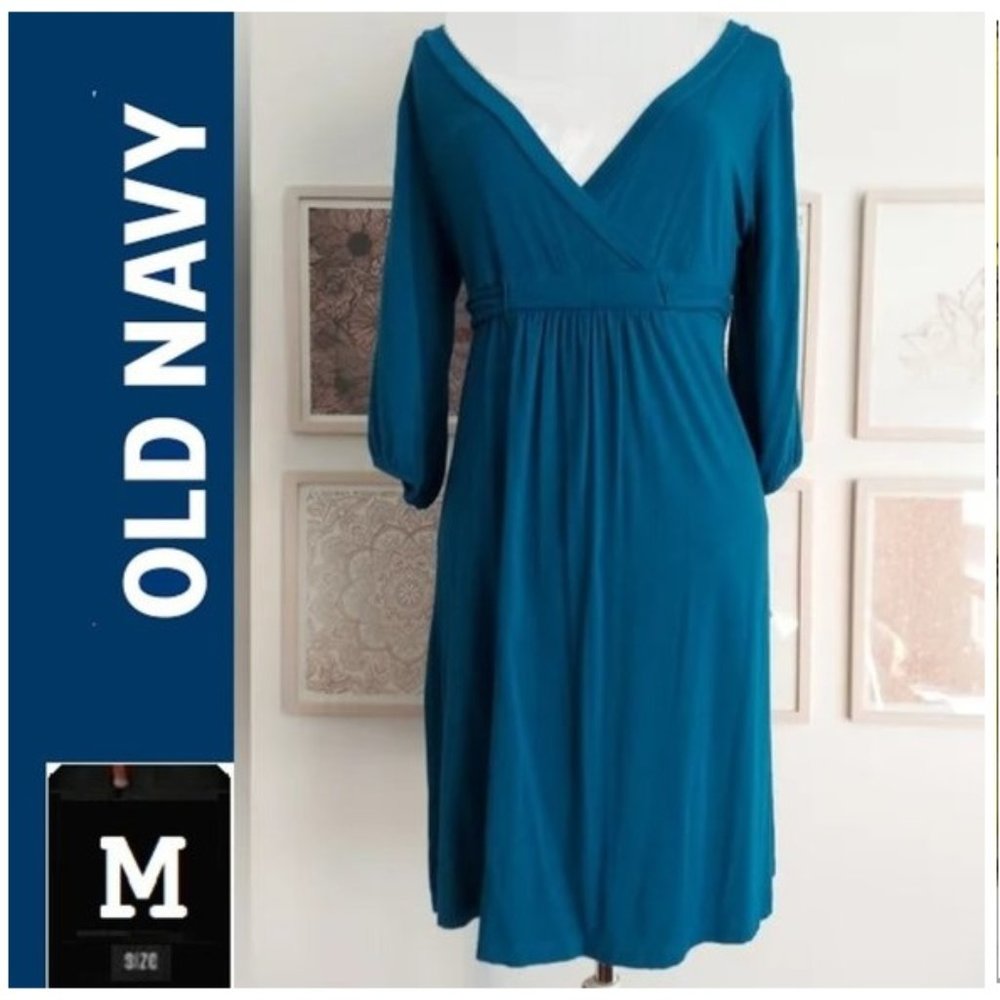 🎁10/$25 -Dark teal stretch dress. Tie waist. Size medium.  Old Navy.